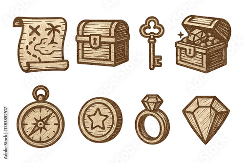 Vintage treasure hunt icons set in hand-drawn style