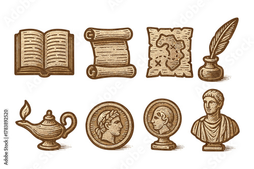 Antique knowledge collection: books, maps, scrolls, and classical artifacts in retro style