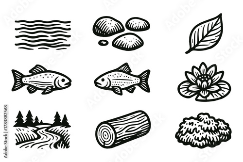 Nature elements collection: hand drawn fish, leaf, and landscape icons