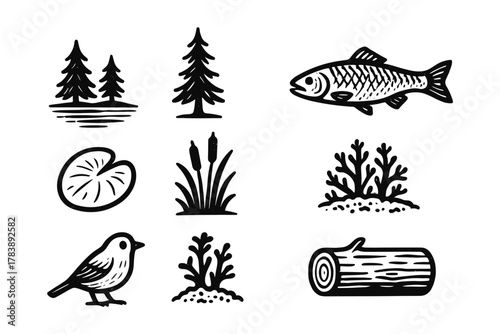 Black and white nature icons featuring trees, fish, and plants in minimalist style