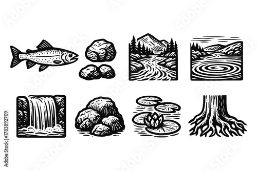Nature ink designs: fish, mountains, and forest scenes in black and white