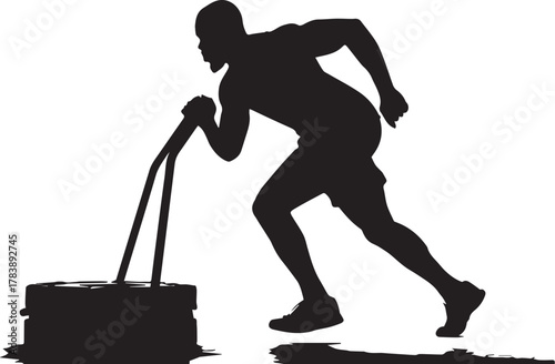 Silhouette of a person pushing a weighted sled during strength training

