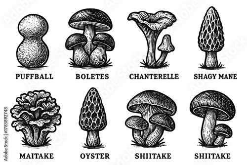 Hand drawn detailed mushrooms collection featuring puffball, boletes, chanterelle, shiitake, and more