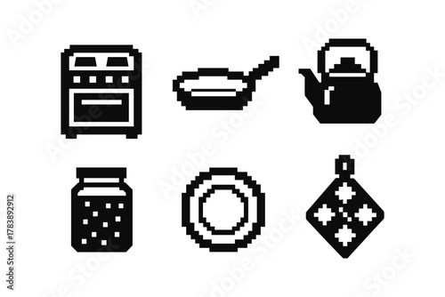Pixel kitchen utensils set: retro style cooking tools in black and white design