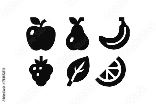 Minimalist fruit icons: bold black silhouettes of apple, pear, banana, berry, leaf, and lemon slice