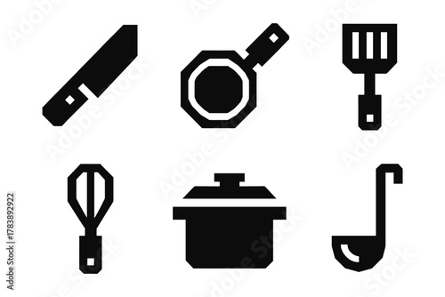 Minimalist black kitchen utensil icons set in bold silhouette style