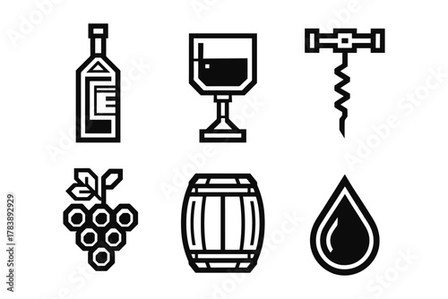 Wine icons: bottle, glass, corkscrew, barrel, grapes, droplet in black line art style