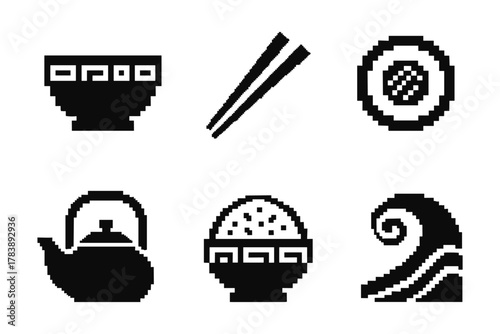 Pixel art icons: traditional asian cuisine and utensils