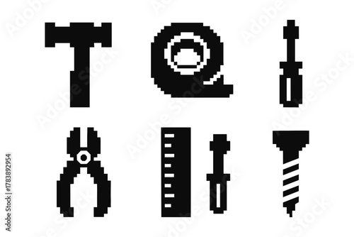 Pixel art tools set: hammer, screwdriver, pliers, and more in retro style