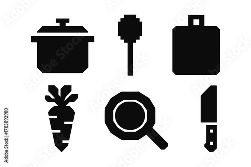 Minimalist kitchen icon set with cooking and food utensils in black silhouette style
