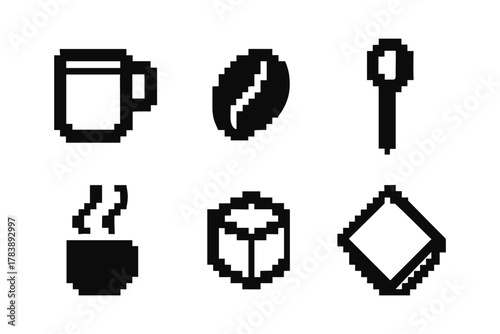Pixel art coffee set: mug, beans, spoon, steam, sugar cube, napkin icons