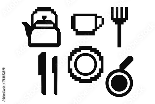 Retro pixel art kitchen utensils collection featuring teapot, cup, utensils, plate, and pan