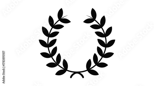 A simple black silhouette of a laurel wreath with two symmetrical branches of leaves forming an oval shape on a white background representing victory and achievement silhouette