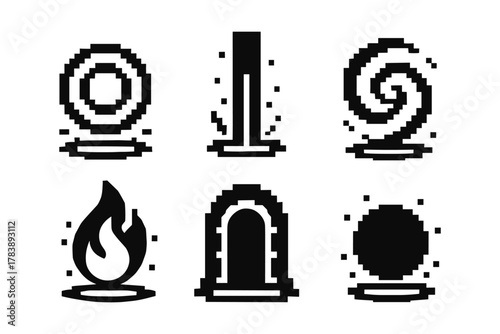 Retro pixel art magic icons set with fire, spells, and gates