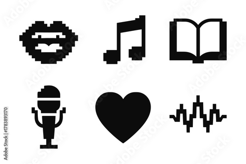 Pixel art icons: music, reading, and love in bold black silhouettes