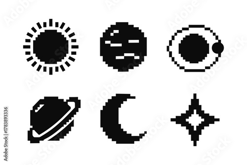 Retro pixel art celestial icons: sun, moon, planets, stars in 8-bit style