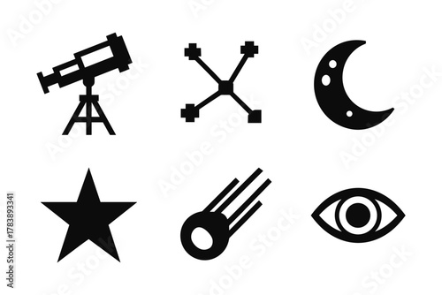 Astronomy icons: telescope, star, moon, and more in minimalist style