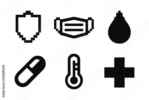 Minimalist health icons set: mask, pill, thermometer, shield, drop, cross