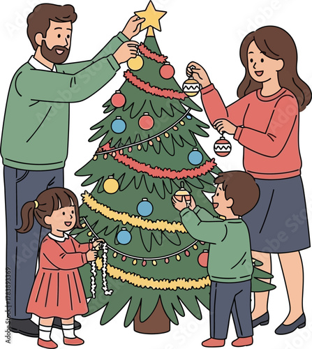 Joyful family decorates a festive Christmas tree together, creating cherished holiday memories in a warm, loving atmosphere.