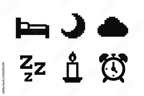 Retro pixel icons of sleep and nighttime essentials: bed, moon, cloud, alarm