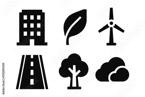 Eco-friendly icons: building, leaf, wind turbine, road, tree, cloud