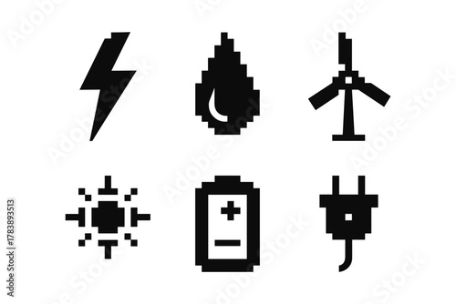 Pixel art energy icons: solar, wind, hydro, electric elements in black and white