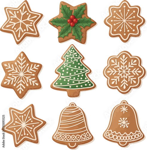Delightful Christmas gingerbread cookies featuring festive snowflakes, evergreen trees, holly, and bells, perfect for holiday celebrations and baking.