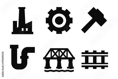 Industrial silhouette icons set featuring factory, gear, and bridge elements