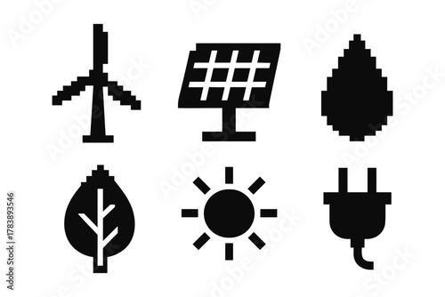 Sustainable energy icons set featuring wind, solar, water, leaf, sun, plug in minimalist silhouette style