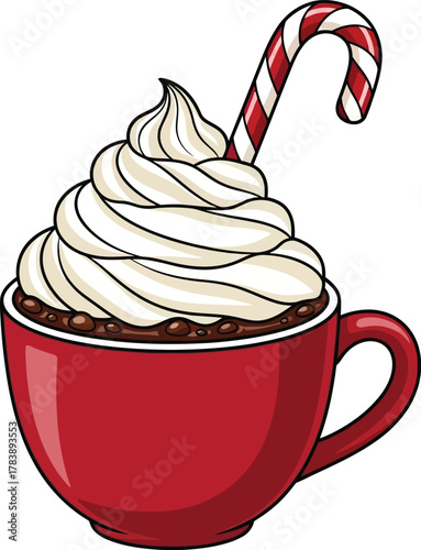 Indulge in a steaming mug of rich hot chocolate topped with creamy whipped cream and a festive candy cane, perfect for cozy winter moments.