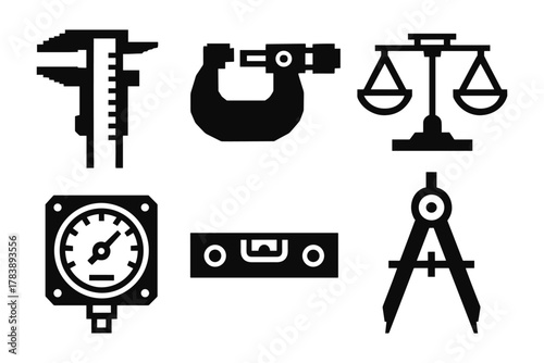 Silhouette engineering icons: caliper, micrometer, scales, gauge, level, compass