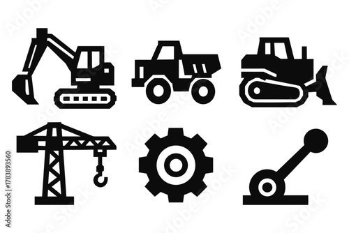Construction equipment icons set featuring silhouettes of excavator, crane, bulldozer, gear, and lever