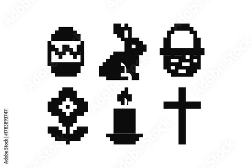 Retro pixel easter icons set: easter egg, bunny, basket, flower, candle, cross