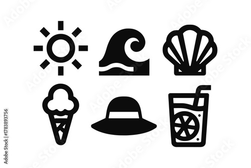 Minimalist summer icons: sun, waves, shell, ice cream, hat, drink
