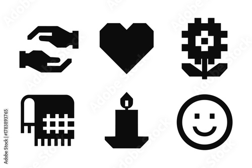 Simple black icons set: heart, hands, flower, candle, blanket, smiley face