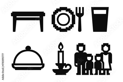 Dining icons: minimalist black silhouettes of table, dishes, utensils, and family