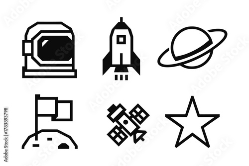 Space exploration icons: helmet, rocket, planet, flag, satellite, star in bold outline