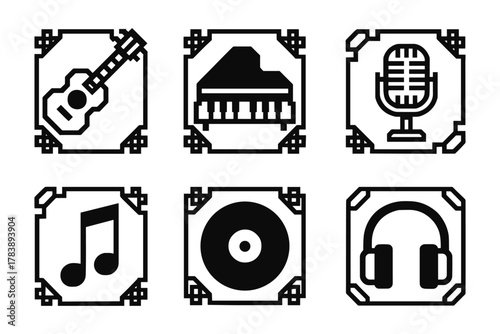 Minimalist music icon set with instrument and sound symbols in black and white