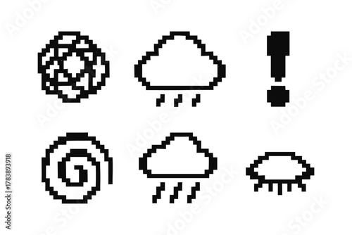 Retro pixel art weather icons set: cloud, sun, rain, and more