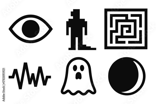 Minimalist icons: eye, pixel figure, maze, waveform, ghost, moon phases
