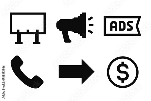 Black and white icon set: marketing and communication symbols