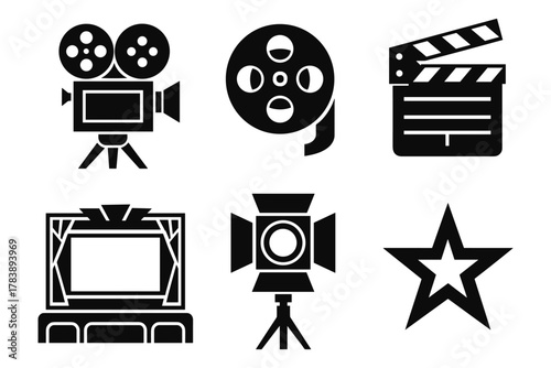 Silhouette icon set of classic film and cinema elements for creative projects