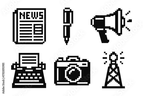 Pixel art icons of news and media: newspaper, pen, megaphone, typewriter, camera, broadcast