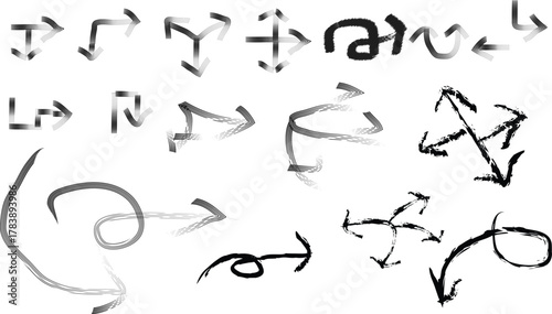 Hand drawn alphabet vector set with sketched numbers, arrows, and doodle design icons collection