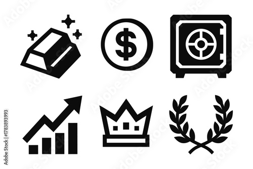 Financial icons set: money, safe, gold bar, growth, crown, laurel in bold black graphics