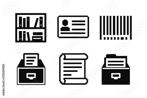 Vintage pixel icons: books, id card, barcode, filing cabinet, document, folder