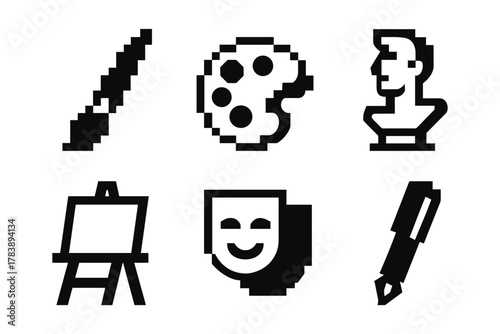 Pixel art icons of art tools and symbols including palette and easel