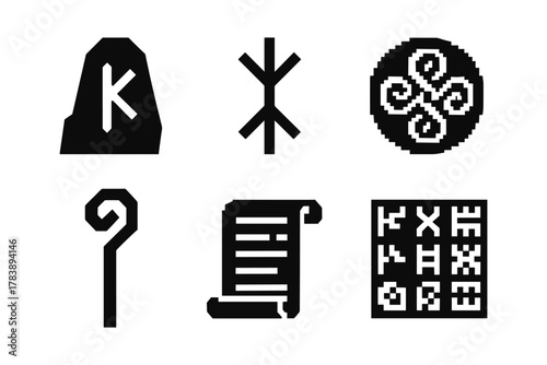 Ancient rune symbols collection: nordic, celtic, and mystical designs in pixel art style