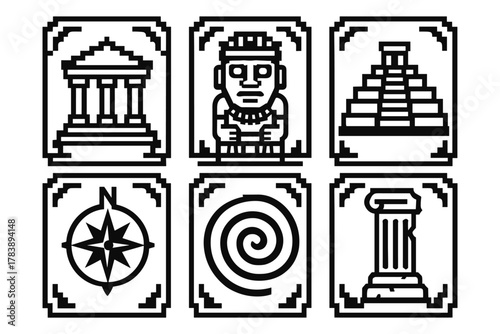 Ancient symbols and structures in retro pixel art style