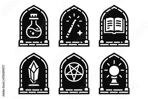 Magical icons set: potion, wand, book, crystal, pentagram, crystal ball in gothic style